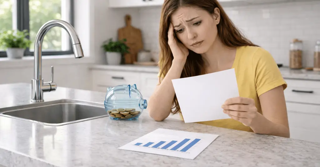 homeowner reviewing a water bill at a kitchen counter beside a sink