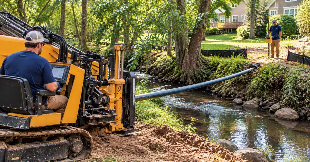 Directional boring equipment installing a sewer line beneath a creek at a residential property in Powder Springs, GA