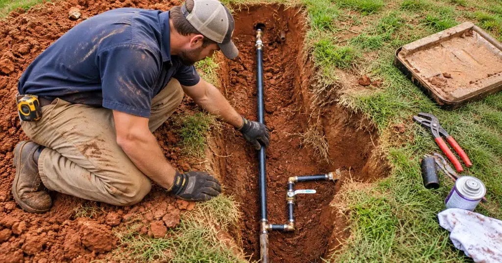 Plumber replacing a residential water line through a small yard excavation.